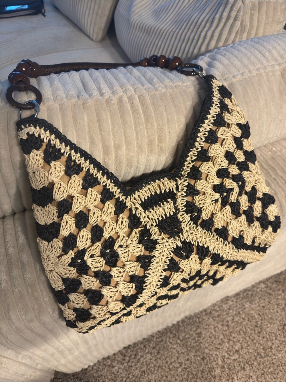 Woven Crochet Hobo Bag in Black and Cream